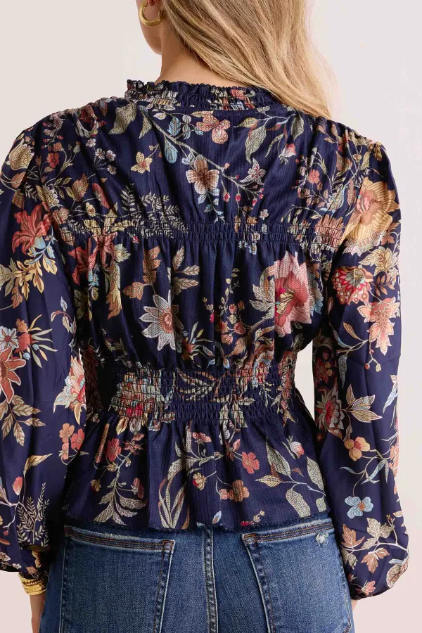 Navy Floral Print Gathered Waist Tie-Neck Blouse