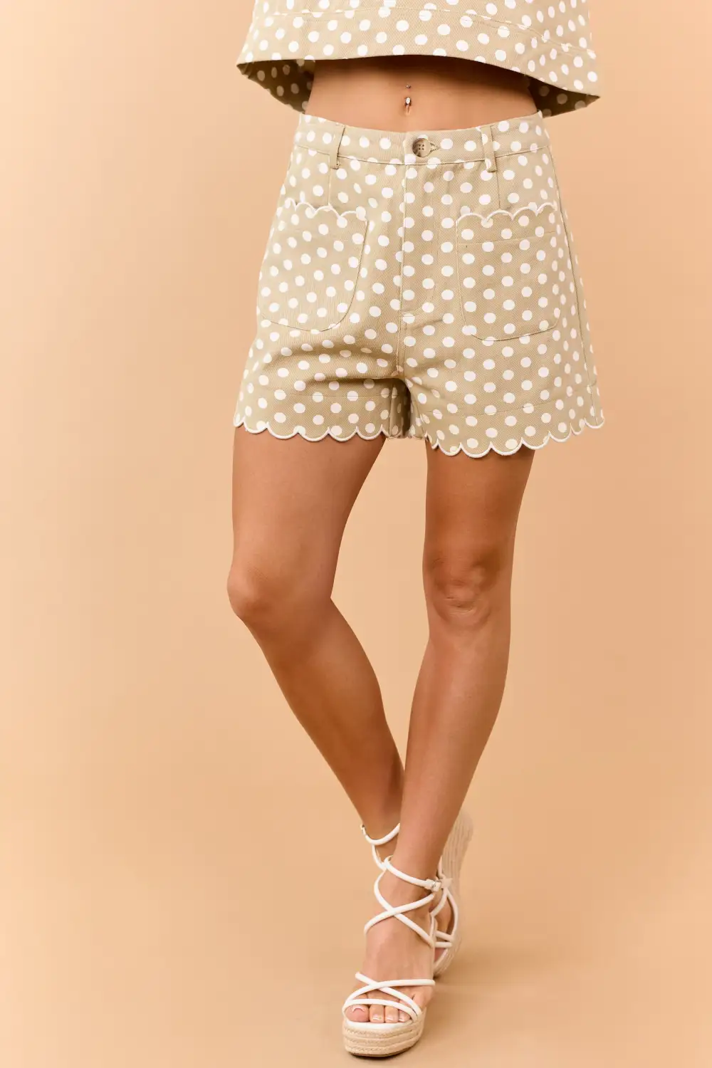 Denim Polka Dot Scalloped Hem Shorts