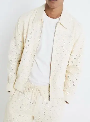 Fashionable White Hollow Embroidery Floral Men's Jacket