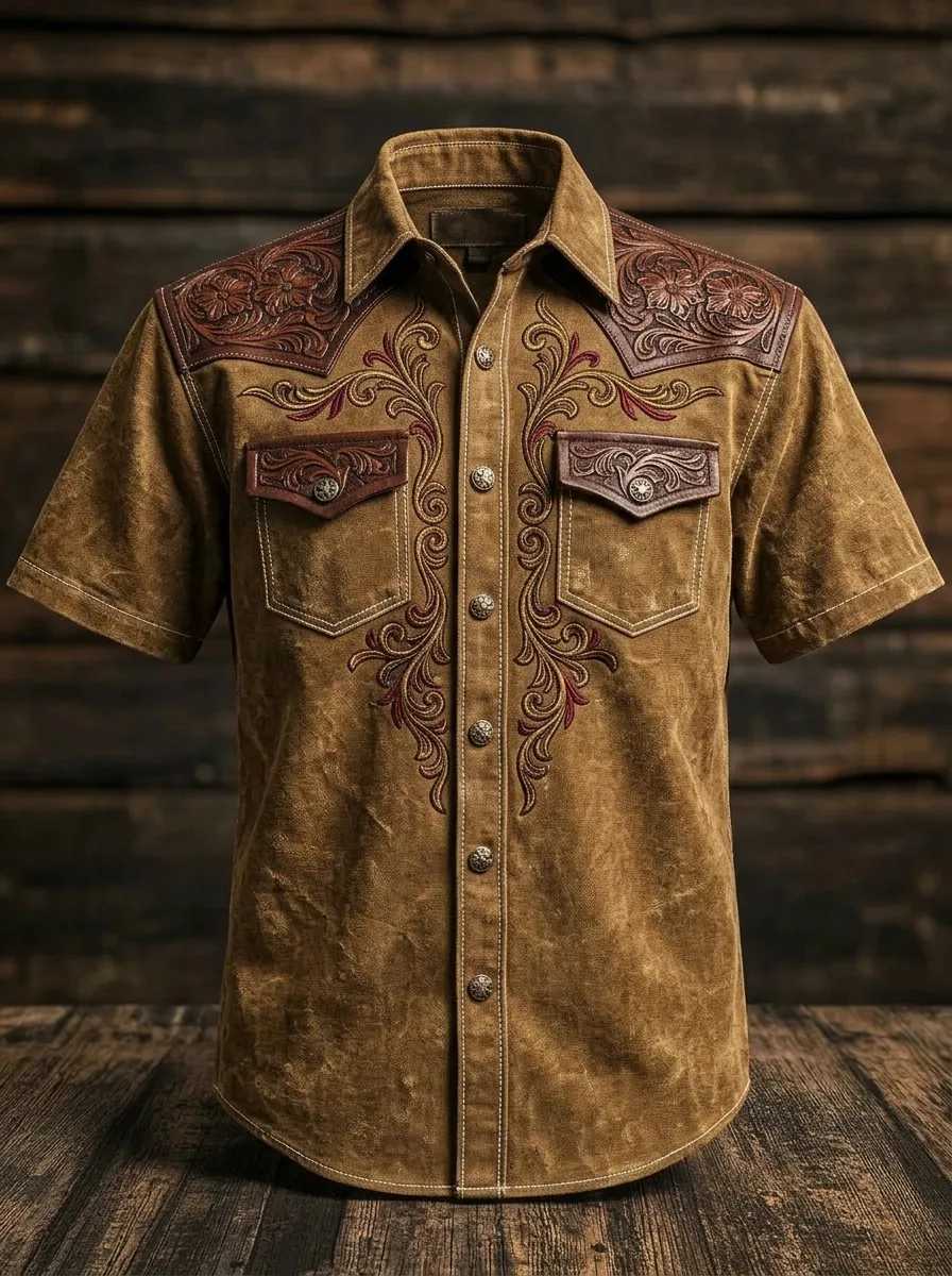 Men's Western Cowboy Floral Embroidered Printed Shirt