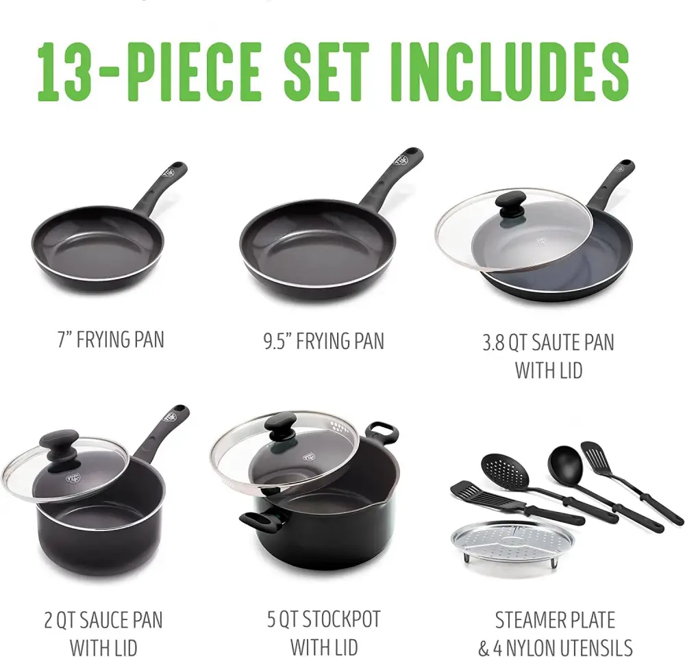 Soft Grip Diamond Healthy Ceramic Nonstick, 13 Piece Cookware Pots and Pans Set, PFAS-Free, Dishwasher Safe, Black