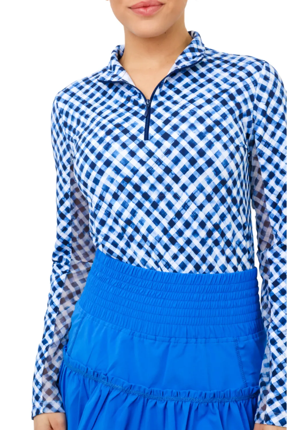 Long Sleeve Check Mesh Top
