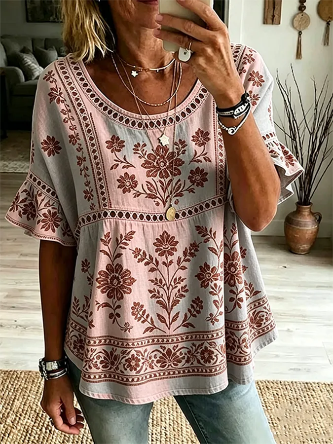 Women's Vintage Floral Print Trim Ruffle Sleeve Peasant Blouse
