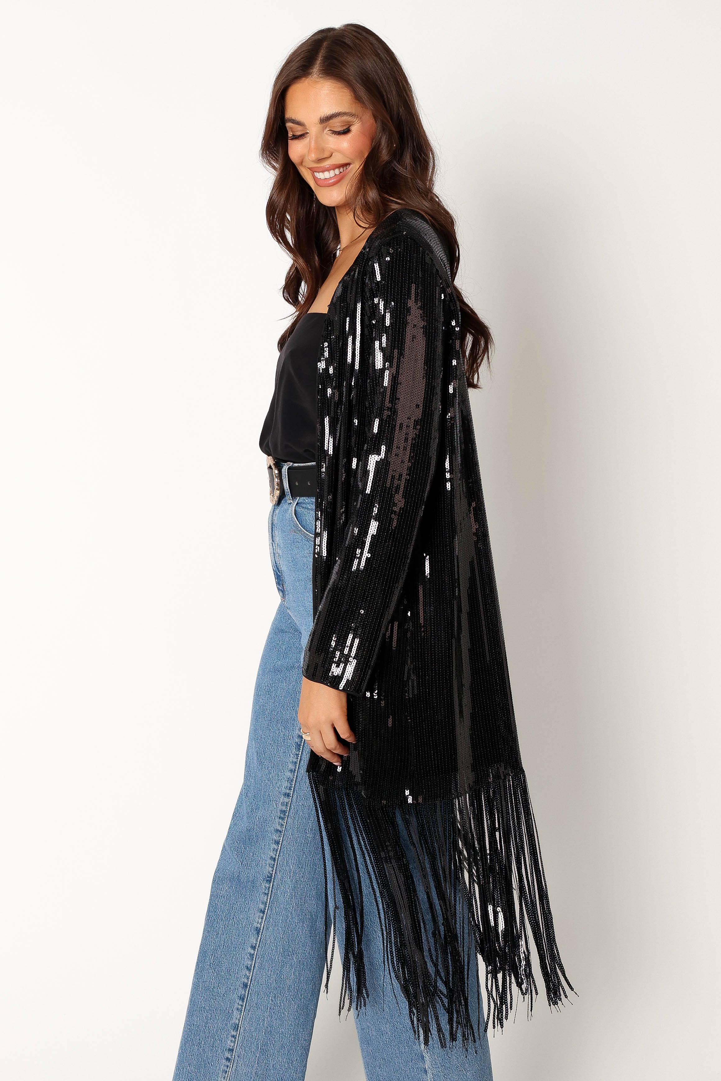 Miriam Sequin Fringe Duster - Black