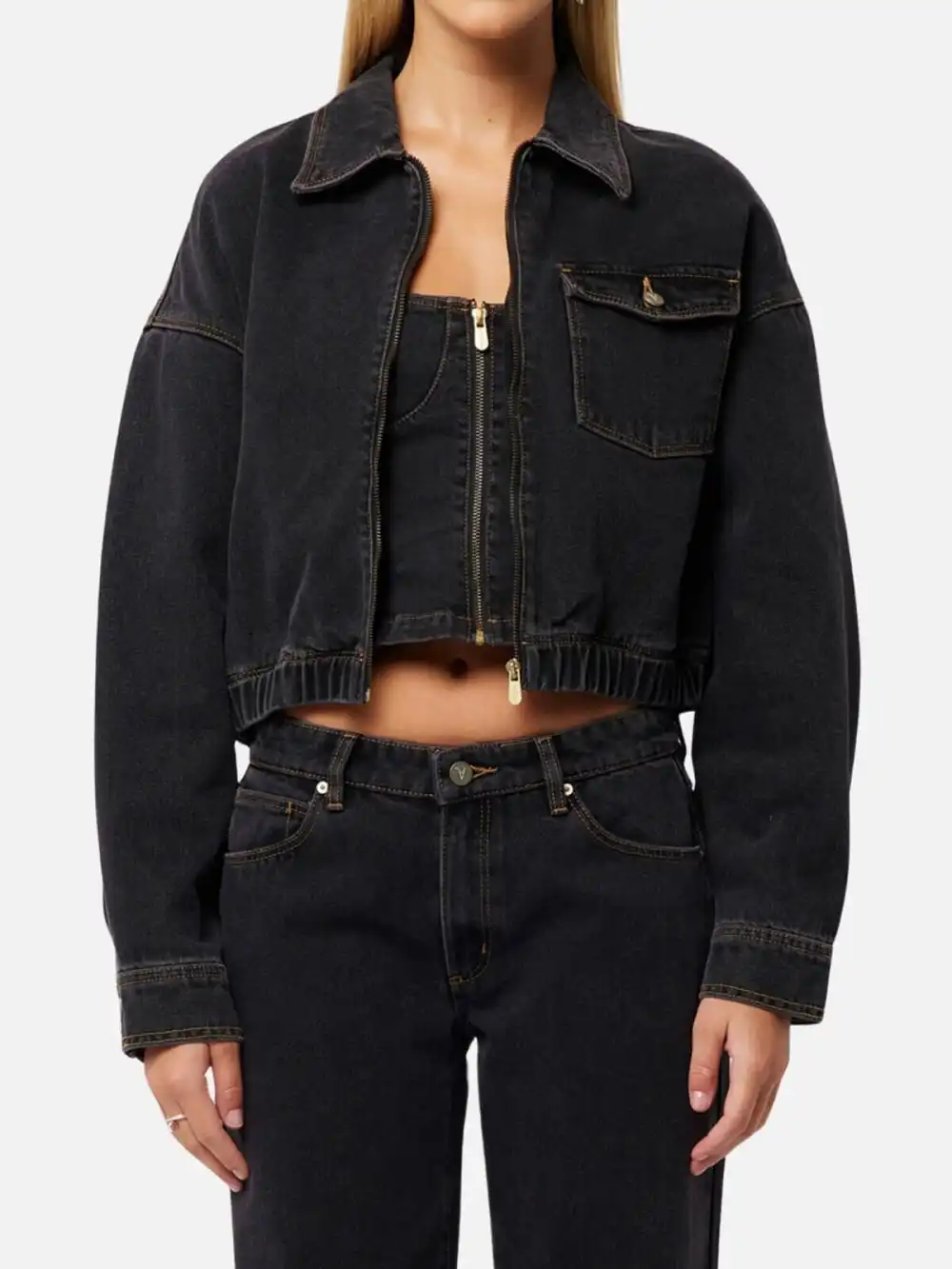 Zip Up Drop Shoulder Denim Jacket