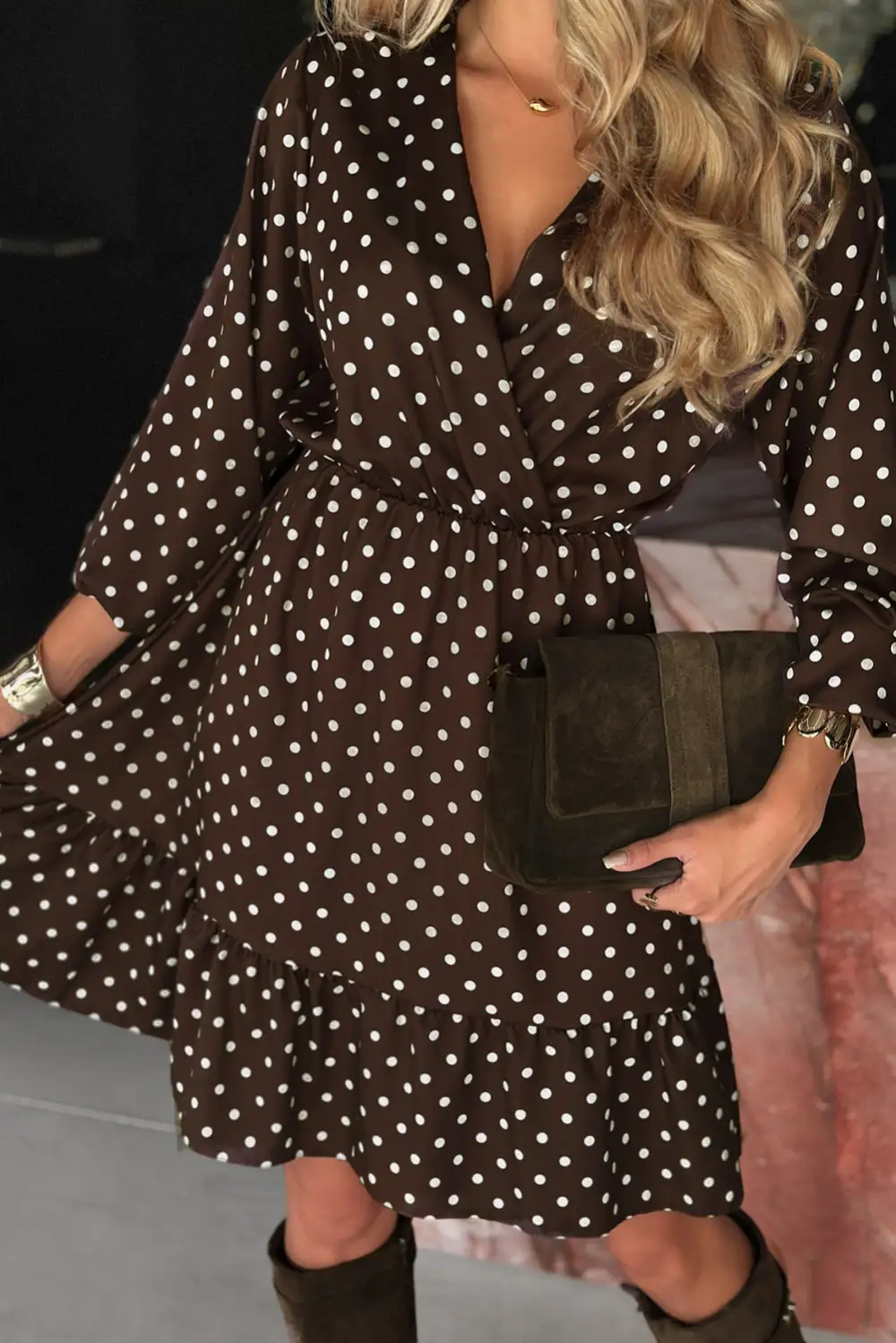 Chicory Polka Dot Long Sleeve Wrap V Neck Ruffle Hem Mini Dress