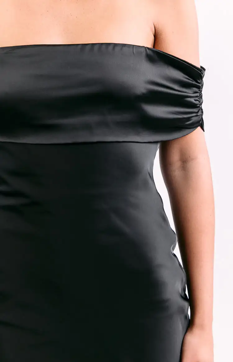Satin Frills Off Shoulder Maxi Dress