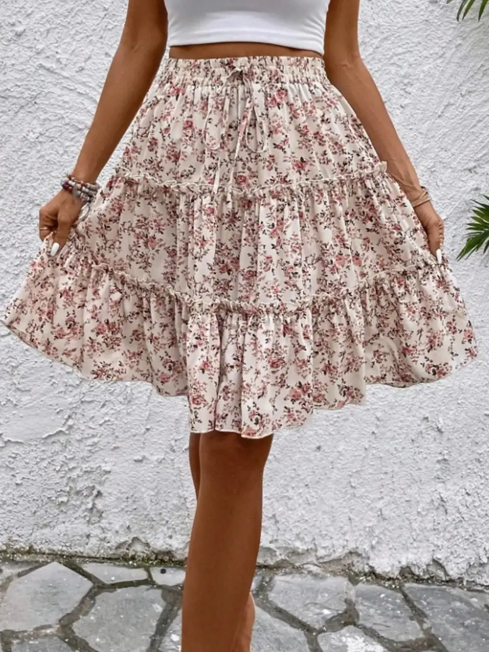Textured Ruffle Trim Printed Silhouette Skirt