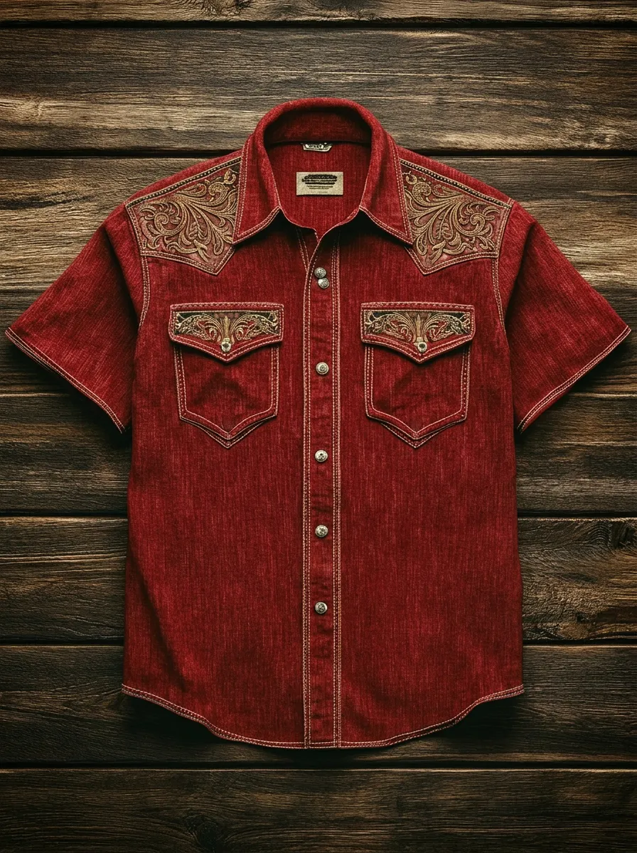 Men's Western Cowboy Floral Tooled Leather Printed Shirt-3