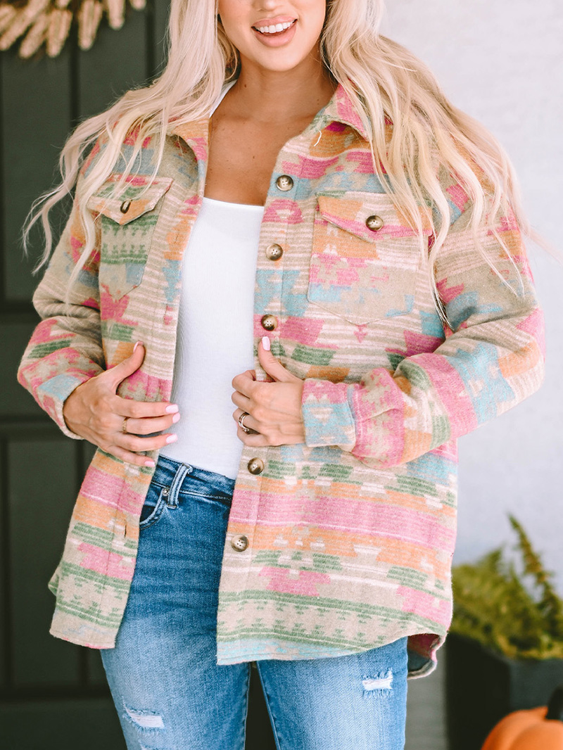 Multicolor Western Aztec Print Button Flap Pocket Shacket