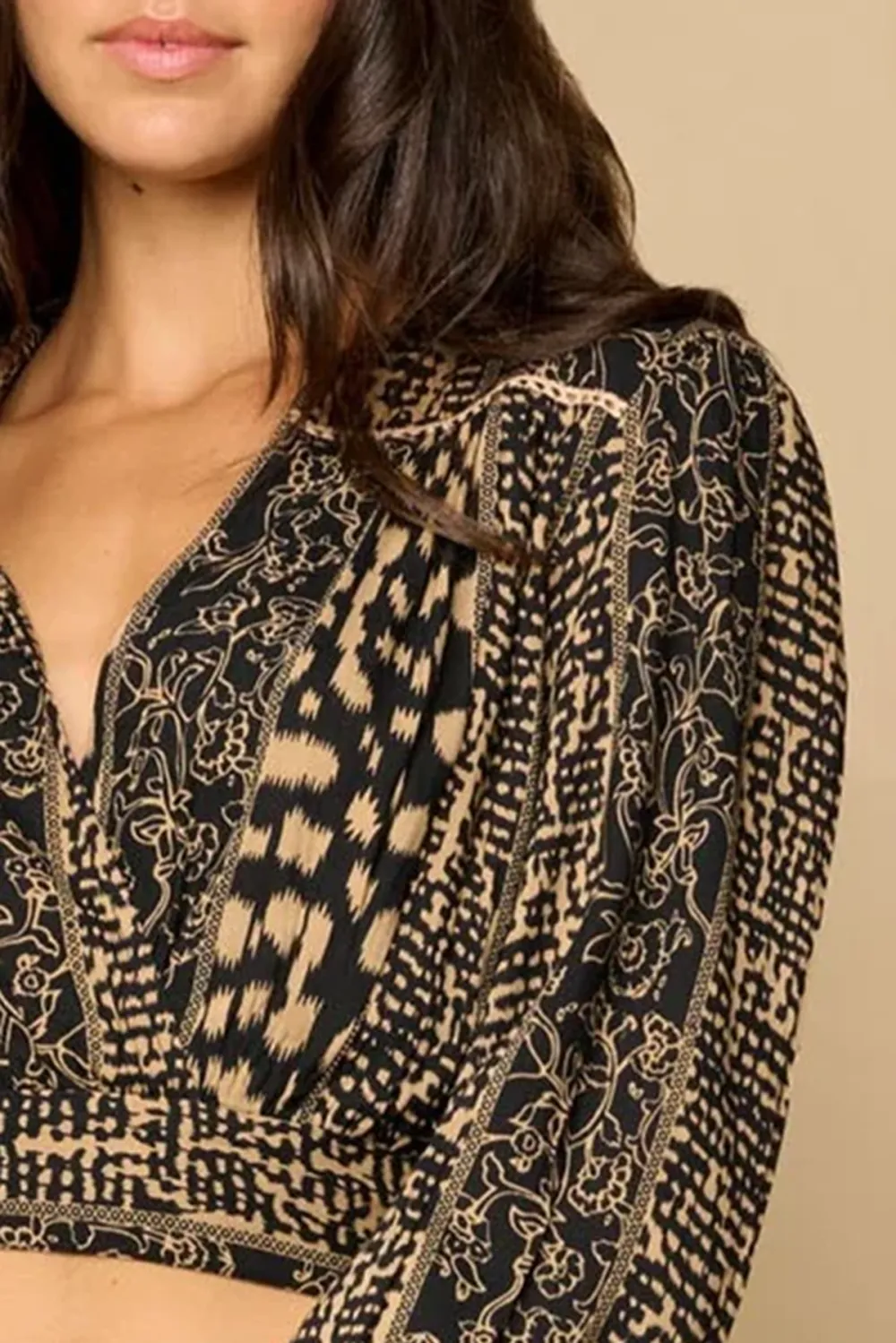 Brown And Black Geometric Print Crop Top