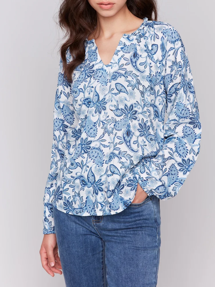 Artistic Floral All-Match V-Neck Long-Sleeved Top