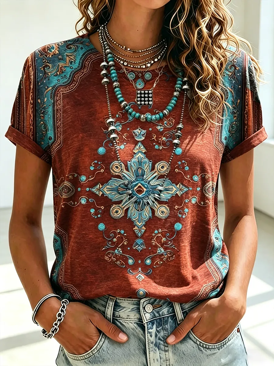 Women's Retro Ethnic Western Printed Round Neck T-Shirt