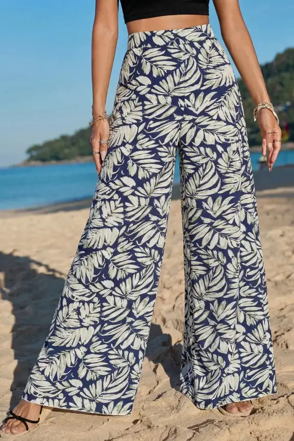 Leaf Print Wide Leg Pants