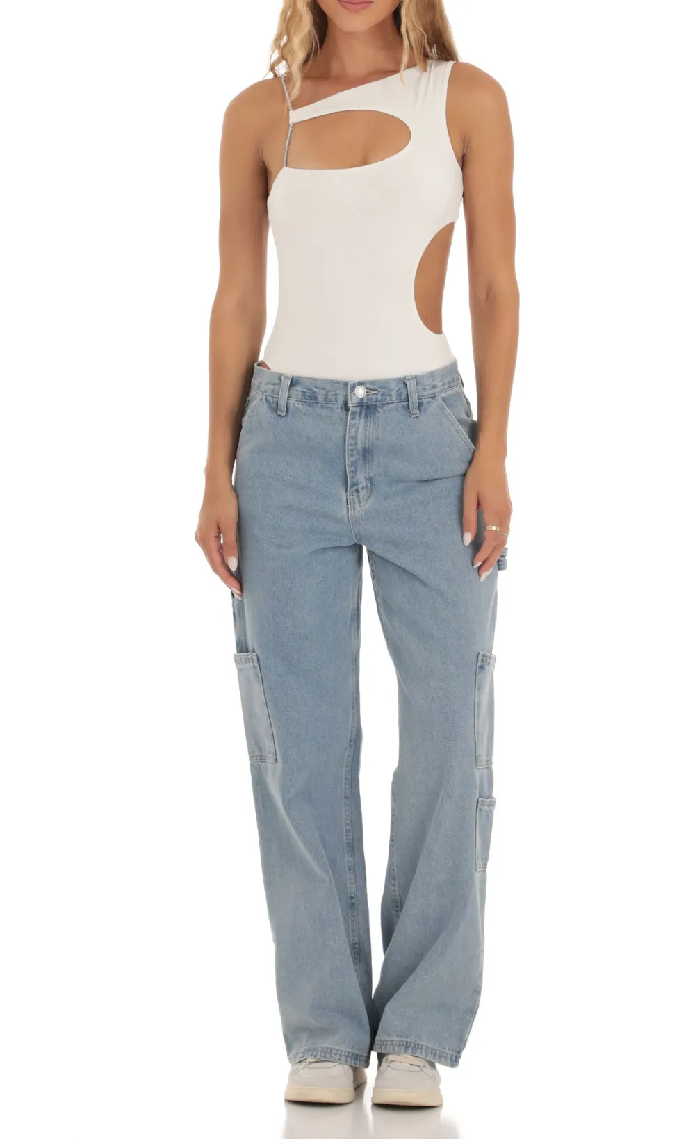 Rhinestone Cutout Bodysuit in White