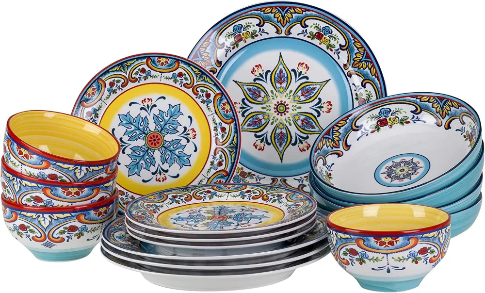 Euro Ceramica Zanzibar Double Bowl 16-Piece Dinnerware Set | Fine Kitchenware | Floral Multicolor Design Stoneware Tableware Service For 4