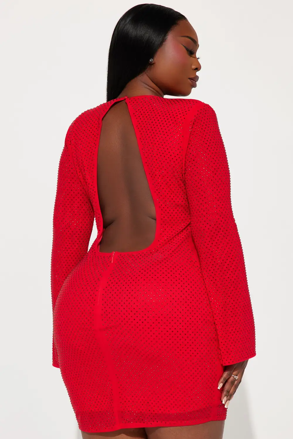 Sarah Rhinestone Mesh Mini Dress - Red