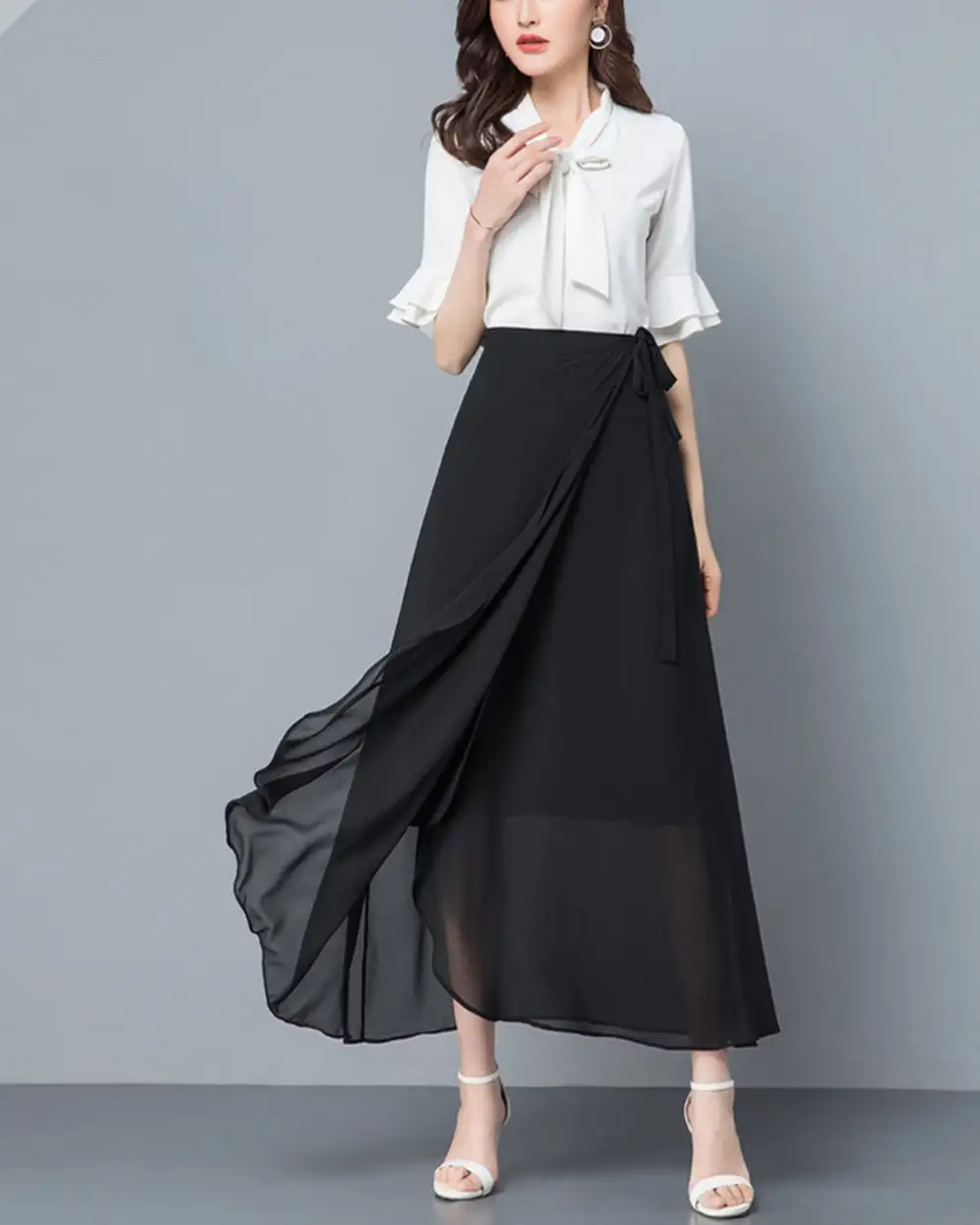 Belted Chiffon A Line Midi Skirt