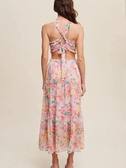 Romance is in the Air Textured Pink Floral Cutout Midi Dress