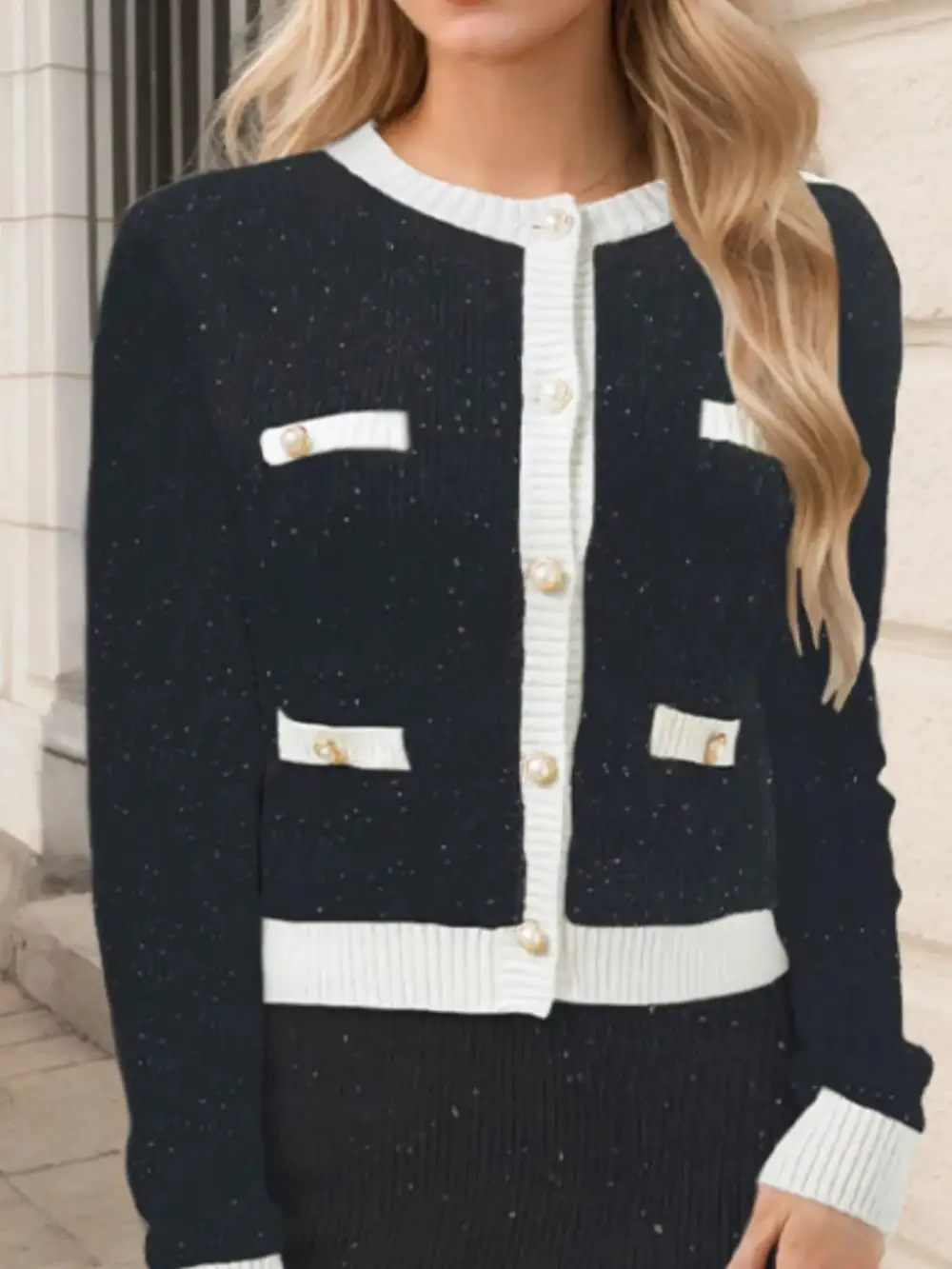 Fine Button Front Knit Detail Coordinated Set