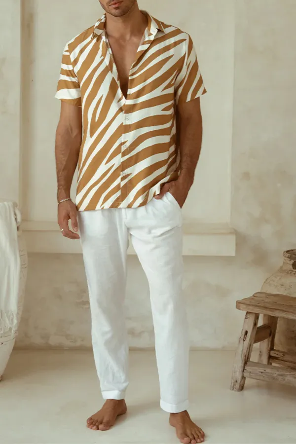 Brown And White Diagonal Striped Short Sleeve Shirt