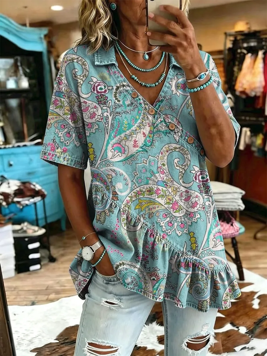 Women's Vintage Flowers Print Casual Ruffles Denim Short Sleeve Shirt