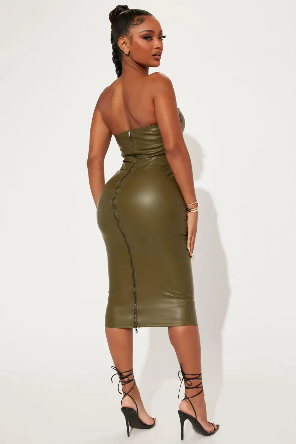 She's A Baddie Faux Leather Midi Dress - Olive