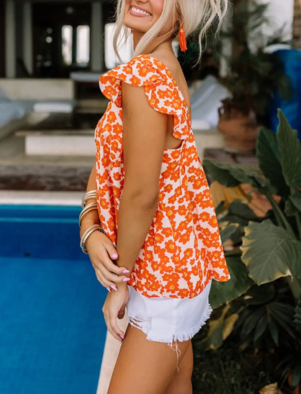 Modern Floral Print Square Neck Ruffle Tank Top
