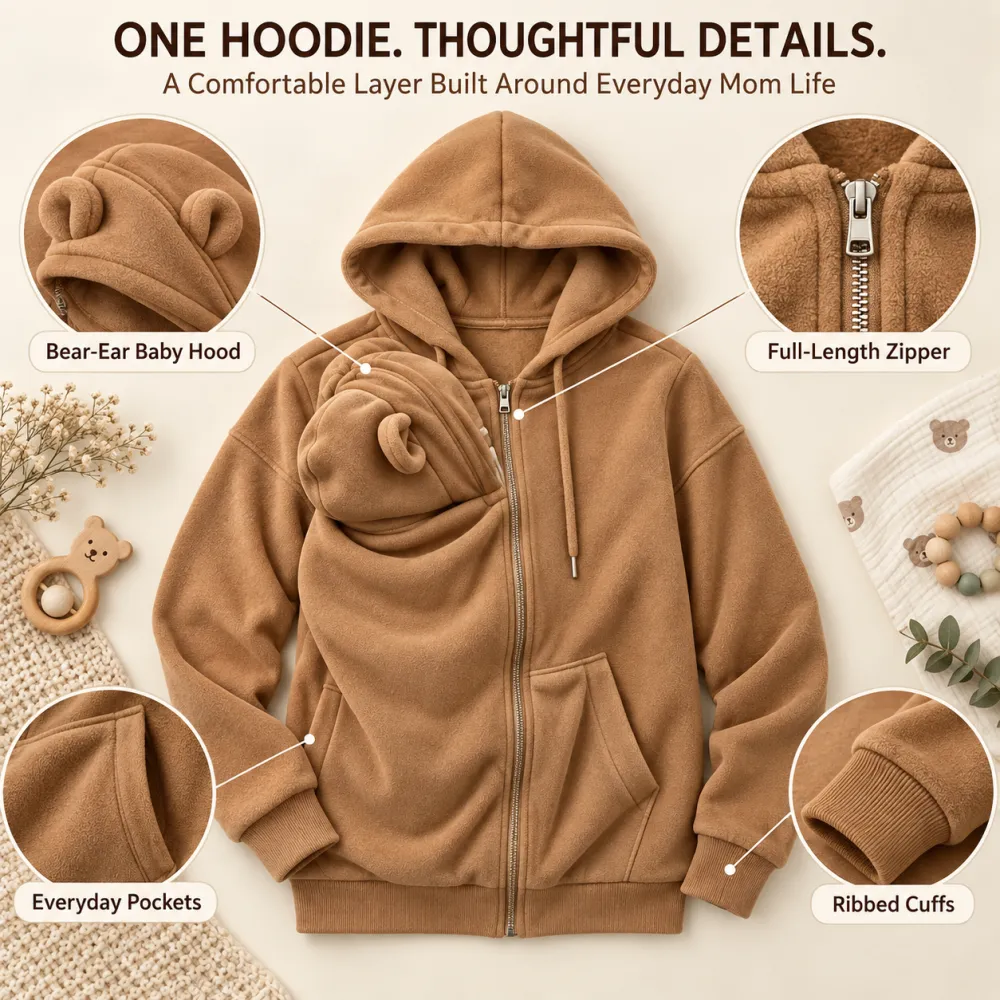 Kangaroo Mom Hoodie Loose Zip-Up Hooded Sweatshirt Mom Babywearing Warm Jacket