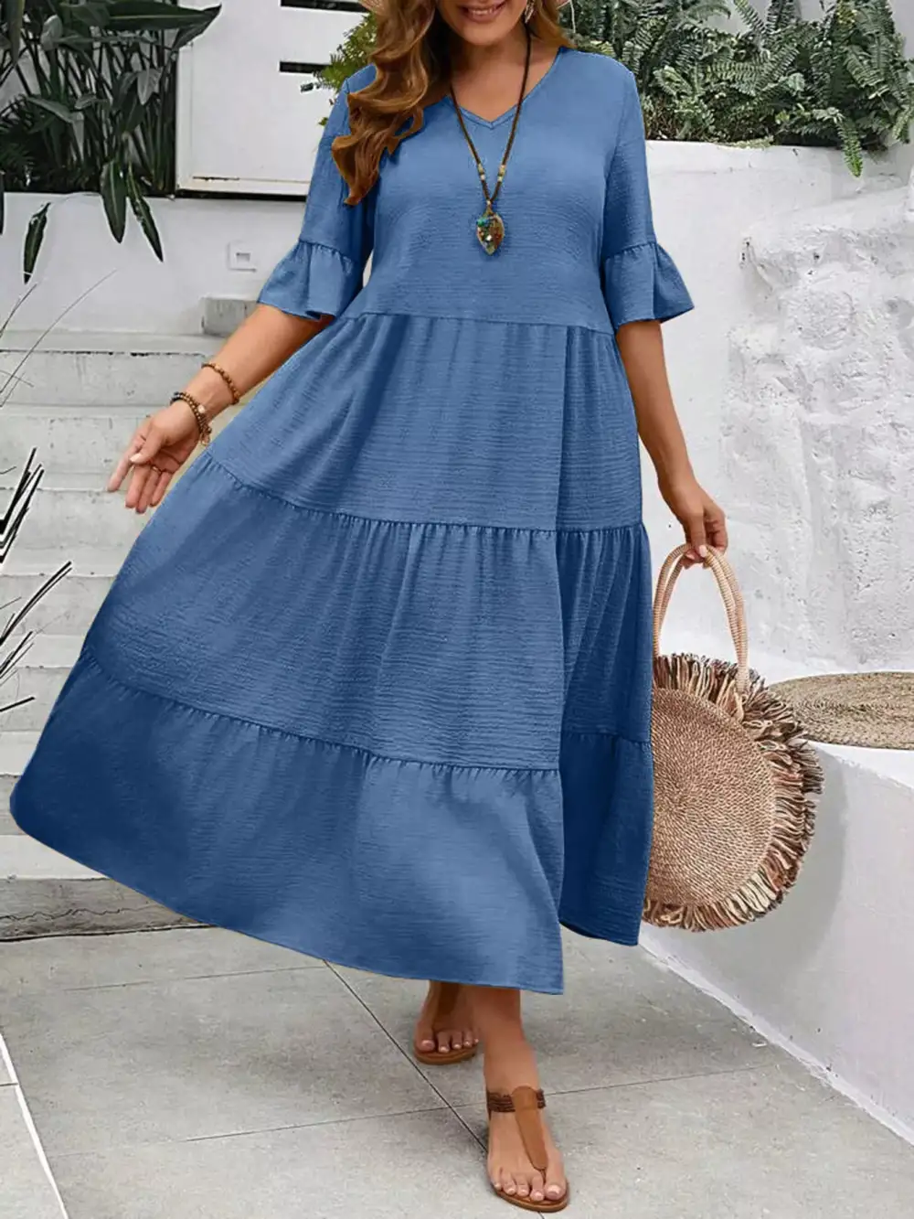 Plus Size Ruffle Sleeves Tiered Midi Dress