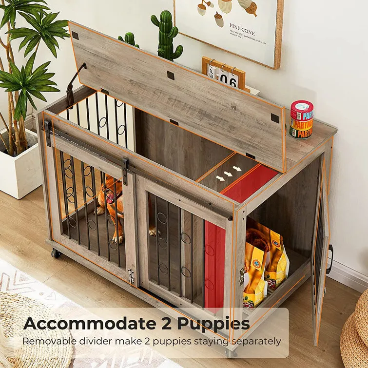 Dog Crate Furniture With Divider For 2 Small To Medium Pets, Wooden Cage End Table, Heavy Duty Indoor Puppy Kennel With Removable Divider And Sliding Door, 39.37'w*25.2'd*28.94'h