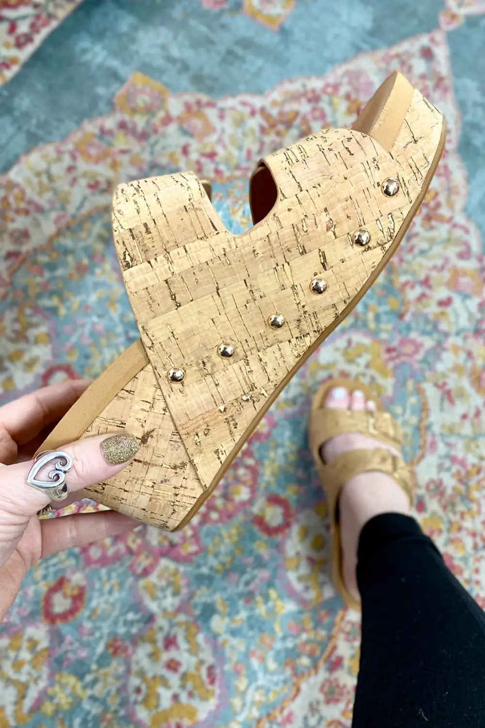 Rivet Double Straps Wedge Slide Slippers