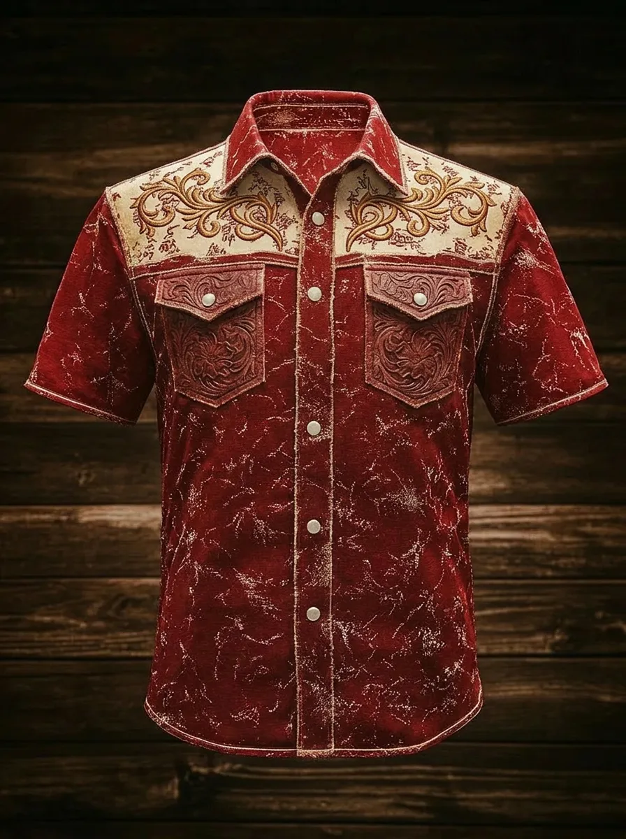 Men's Western Cowboy Floral Tooled Leather Printed Shirt-6
