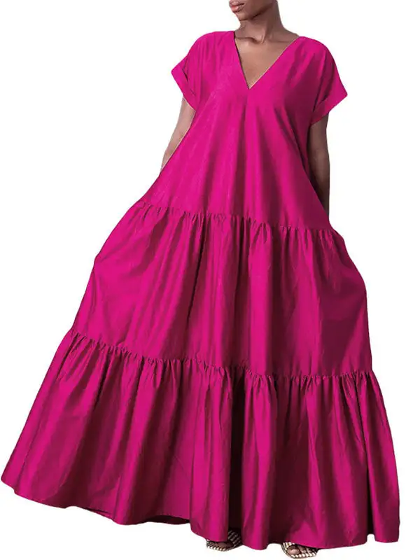 Loose Split Pleated Neck Maxi Dress