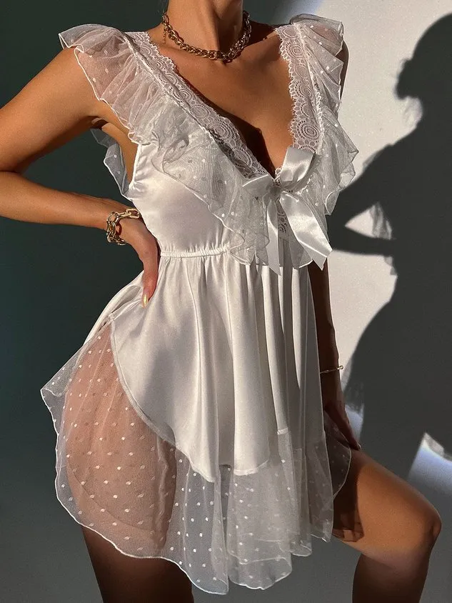 Deep V Sexy Romantic Elegant Lace Silk Nightdress