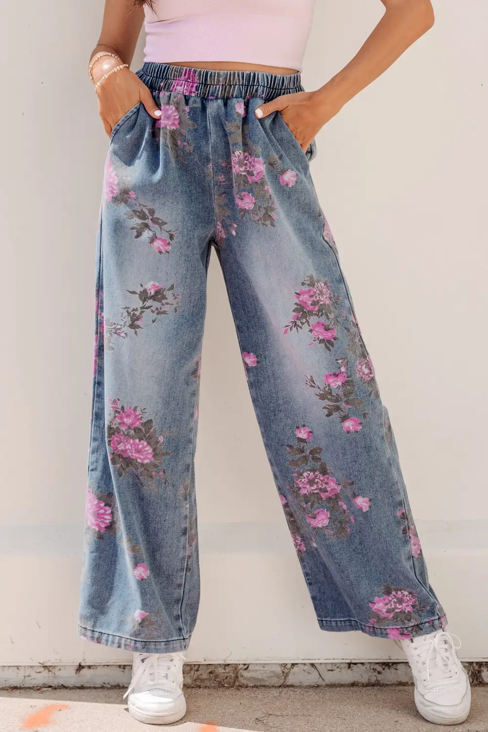Elastic Waist Floral Print Pull On Jeans