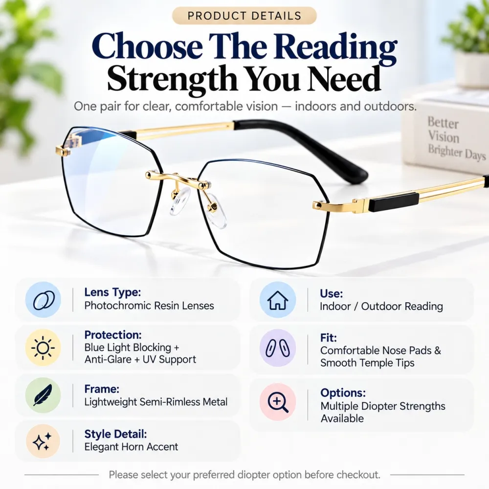 👓 Auto-Tint Senior Readers – BlueLight Blocking + UV Protection, Lightweight Metal Frame