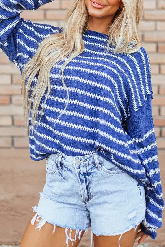 Casual Stripe Round Neck Drop Shoulder Sweater