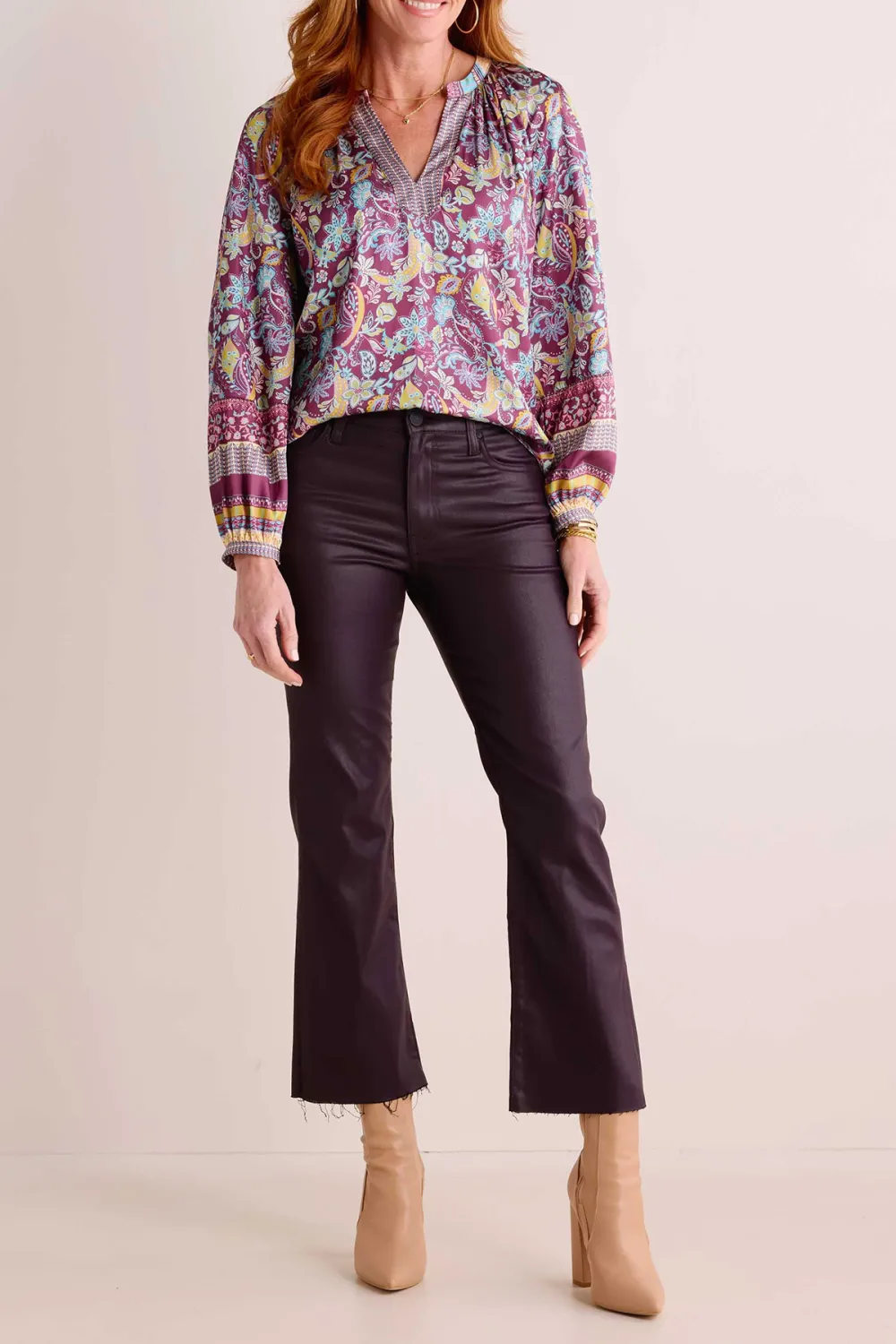 Purple Floral Print Classic V-Neck Long Sleeve Blouse