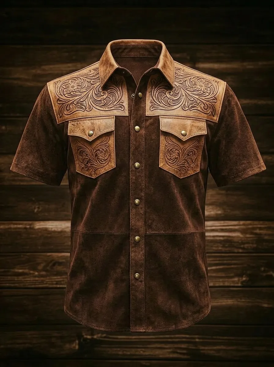 Men's Western Cowboy Floral Tooled Leather Printed Shirt-4