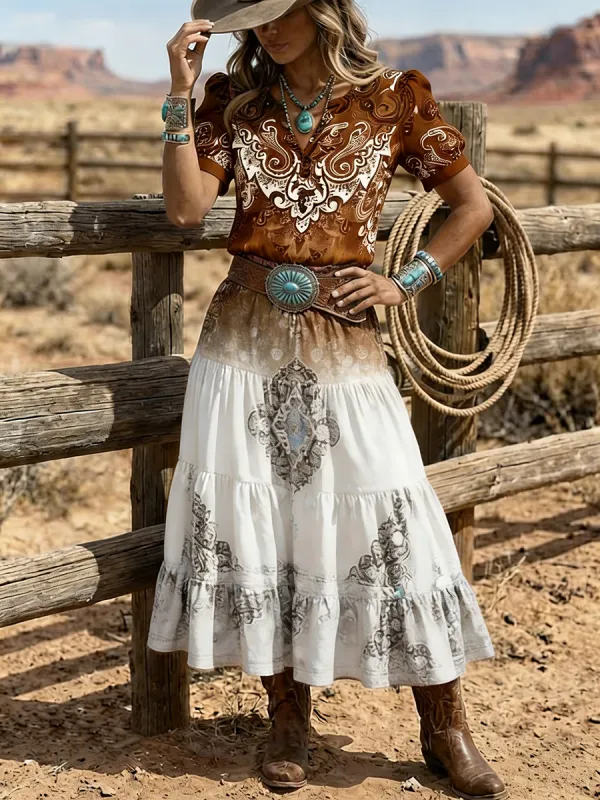 Women's Western Paisley Print Ruffle Maxi Dress