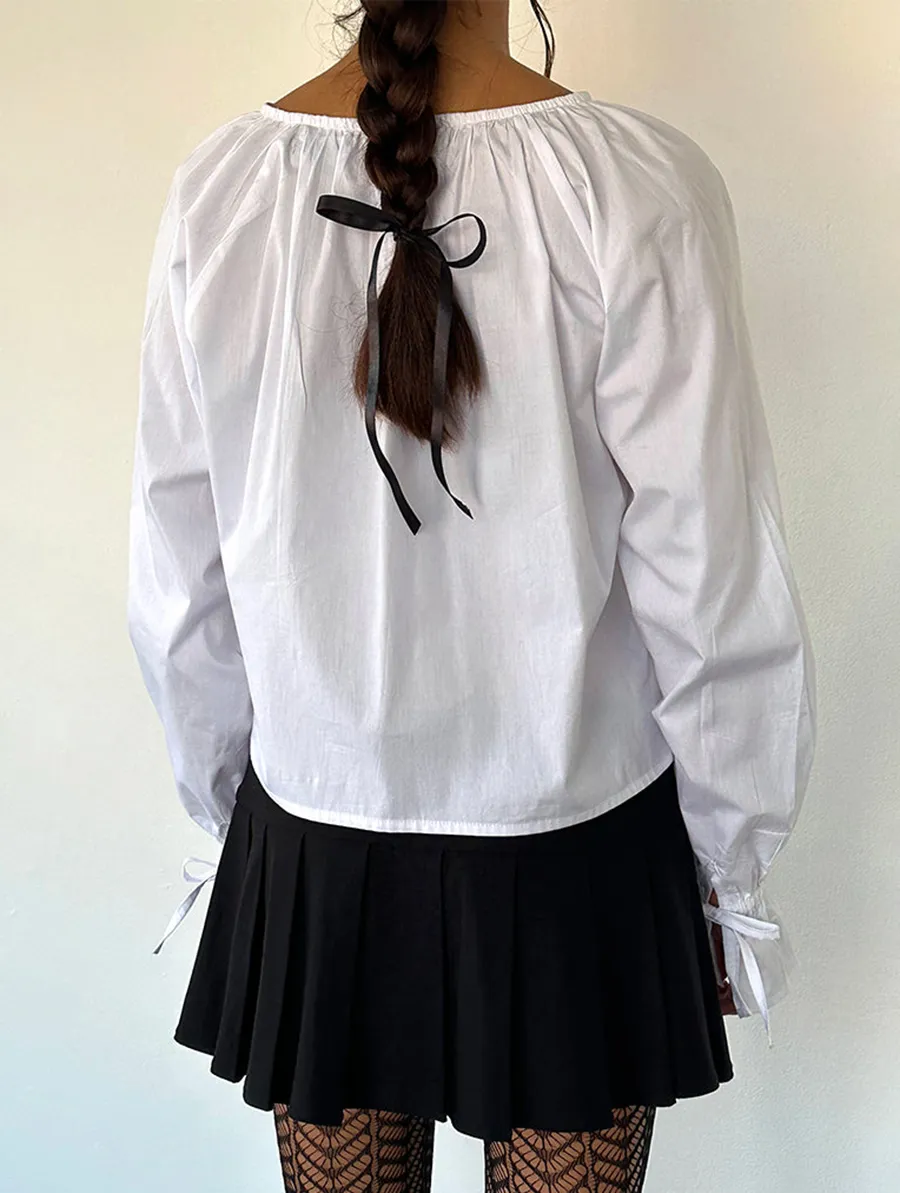 Tie Sleeve Blouse In White Poplin
