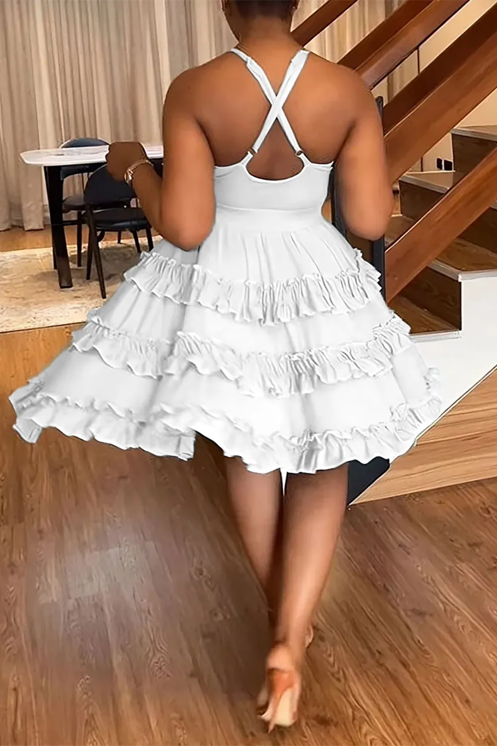 Plus Size Black Vacation Cut Out Sleeveless Ruffle Babydoll Mini Dresses