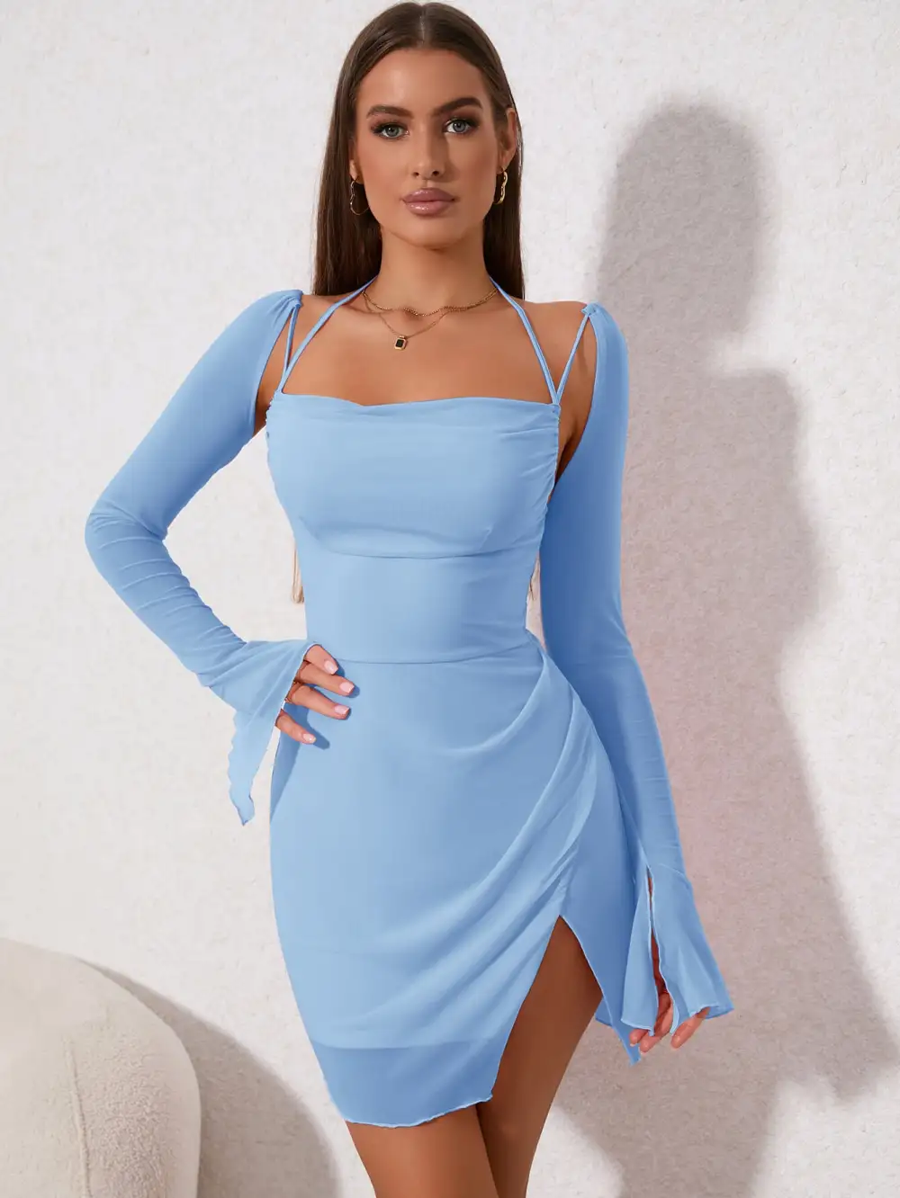 Draped Front Flounce Sleeve Ruched Side Split Hem Mesh Dress