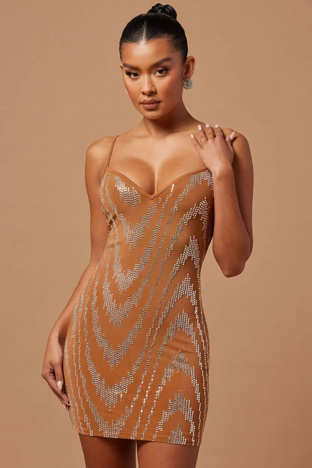 Blaire Embellished Mini Dress - Cognac