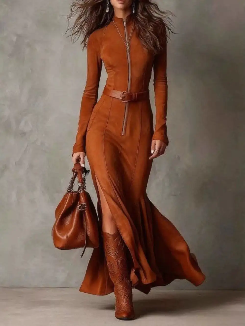 Zip Front Slit Long Sleeve Dress Casual
