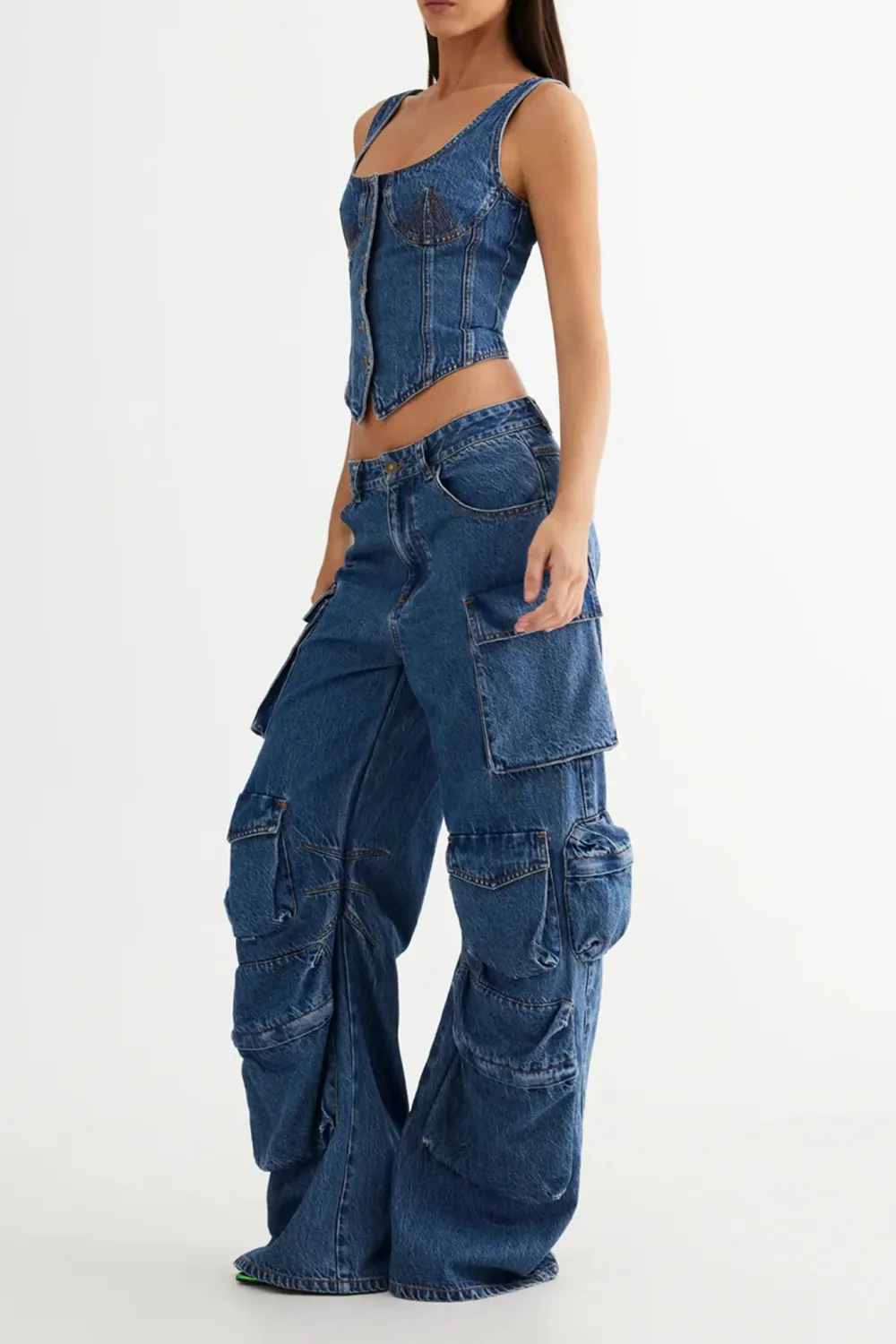 Trendy Workwear Style Multi-Pocket Jeans
