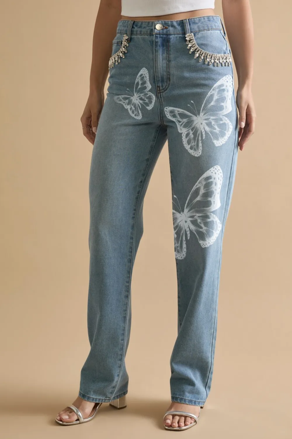 Karla Embellished Pocket Straight Leg Denim Jeans