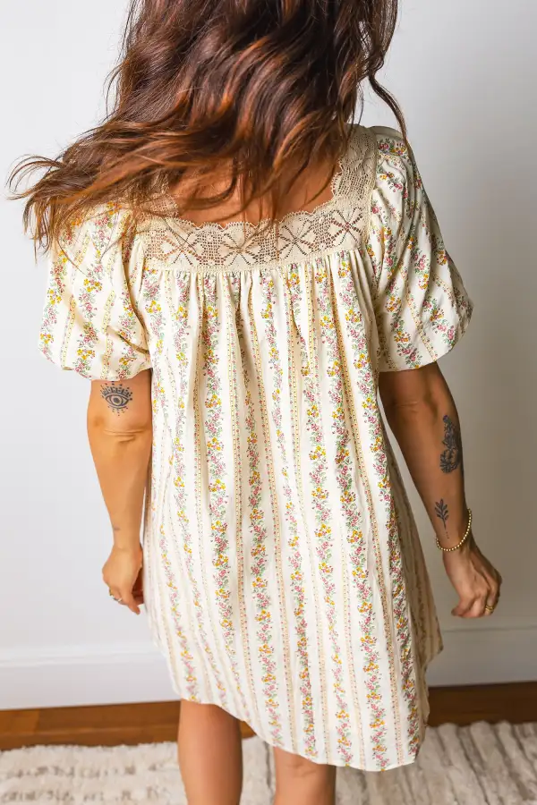 Gathered Detail Floral Printed Ribbed Mini Dress