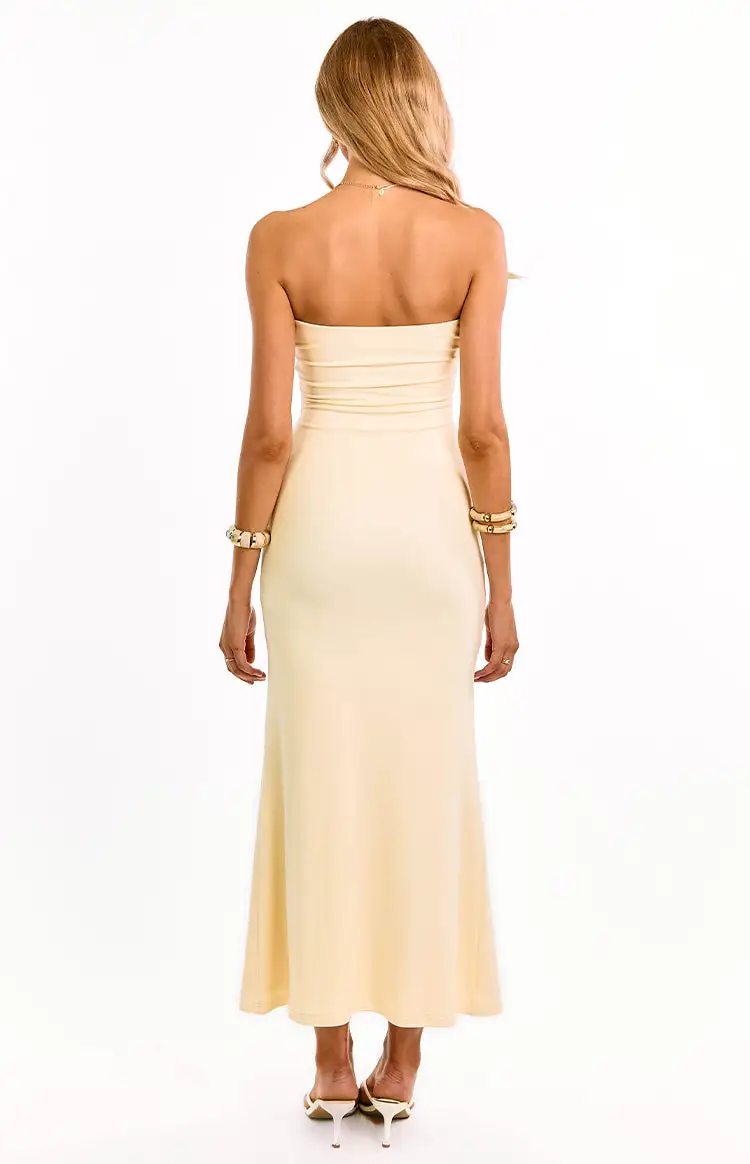 Mesh Ruched Strapless Frills Maxi Dress